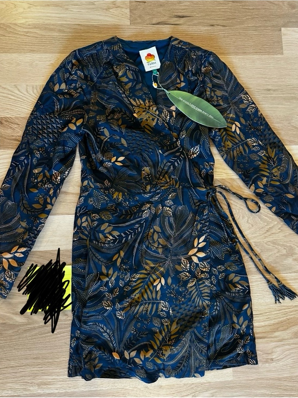 FARM Rio Navy and Gold Botanical Wrap Dress